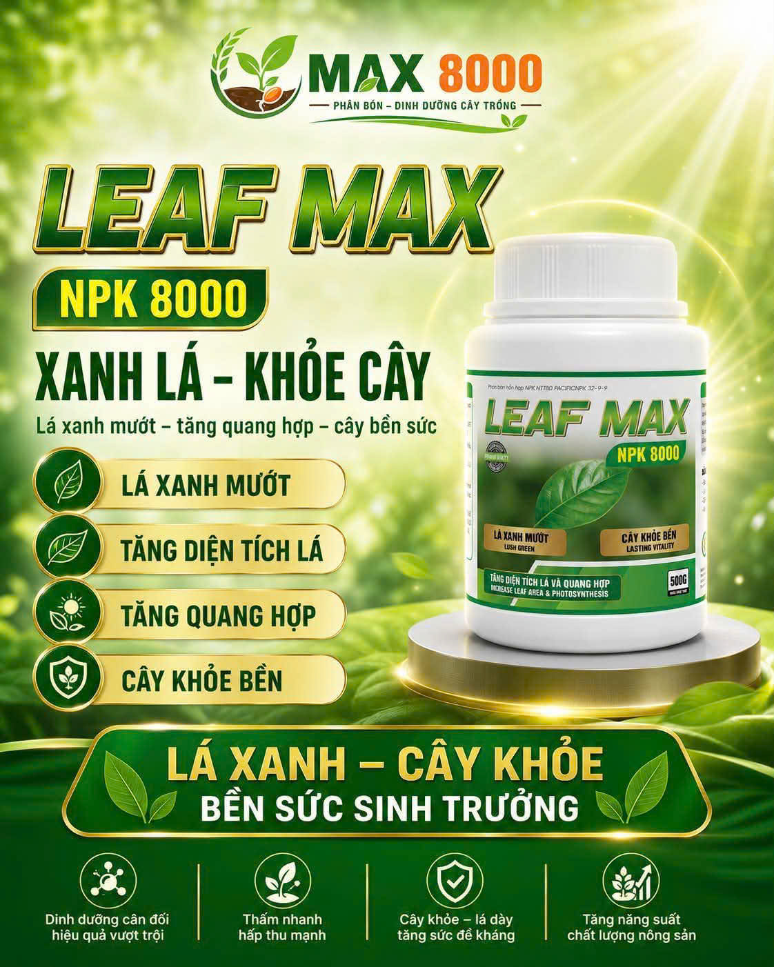 Phân bón Leaf Max NPK 8000 dưỡng lá Agri Amin