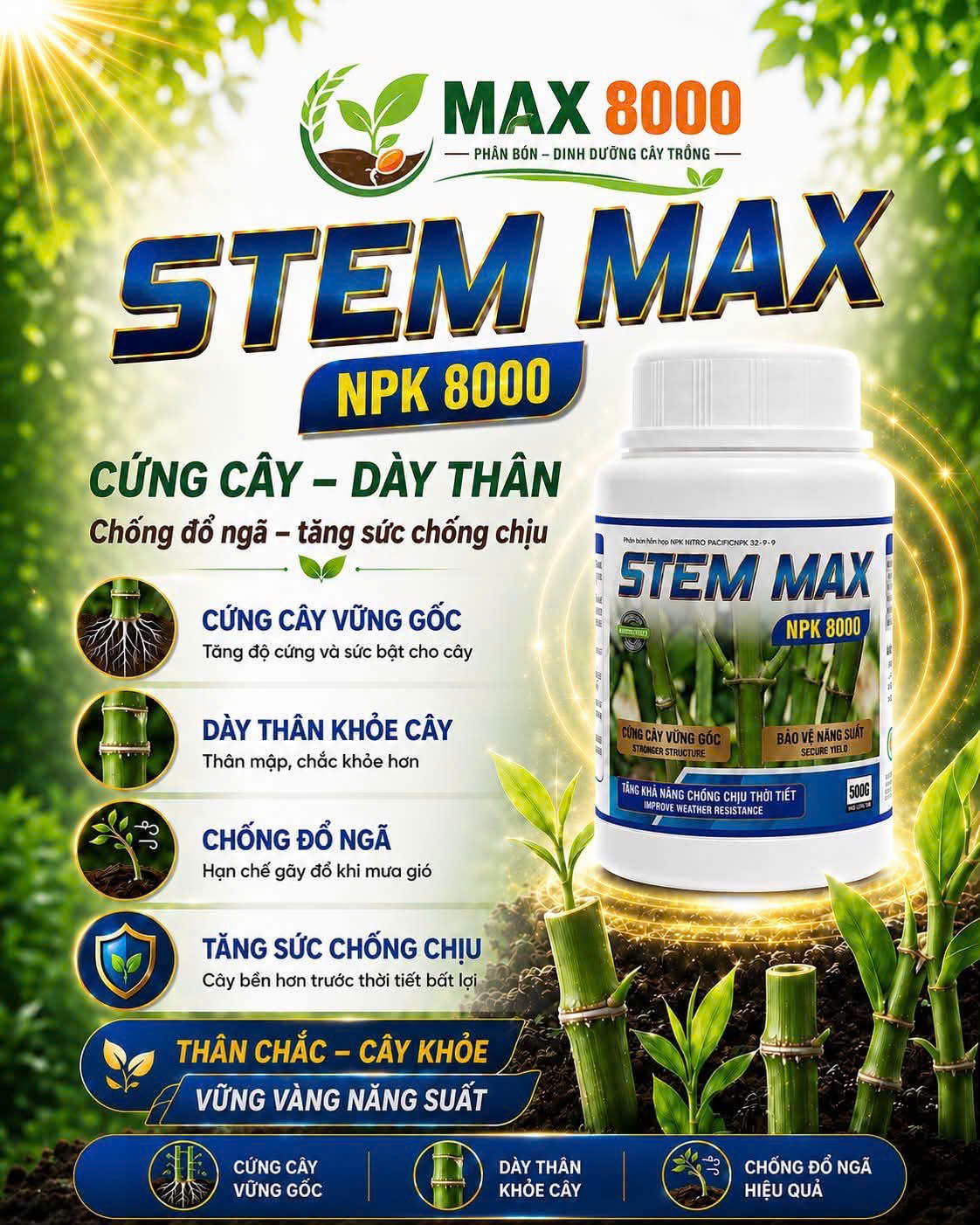 Phân bón Stem Max NPK 8000 cứng thân Agri Amin